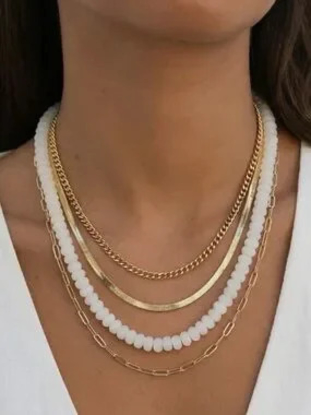 Gold and White Bead Layered Statement Necklace (3303)